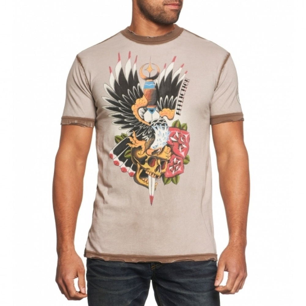 Men's Affliction Jason Profant Graphic T Shirt Beige Distressed Eagle Design L